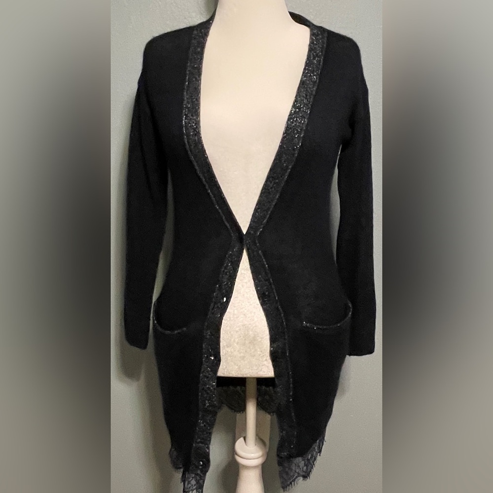 Lauren Conrad Blue Longline Cardigan Sweater Lace Trim Metallic Preppy Office XS - Picture 3 of 12